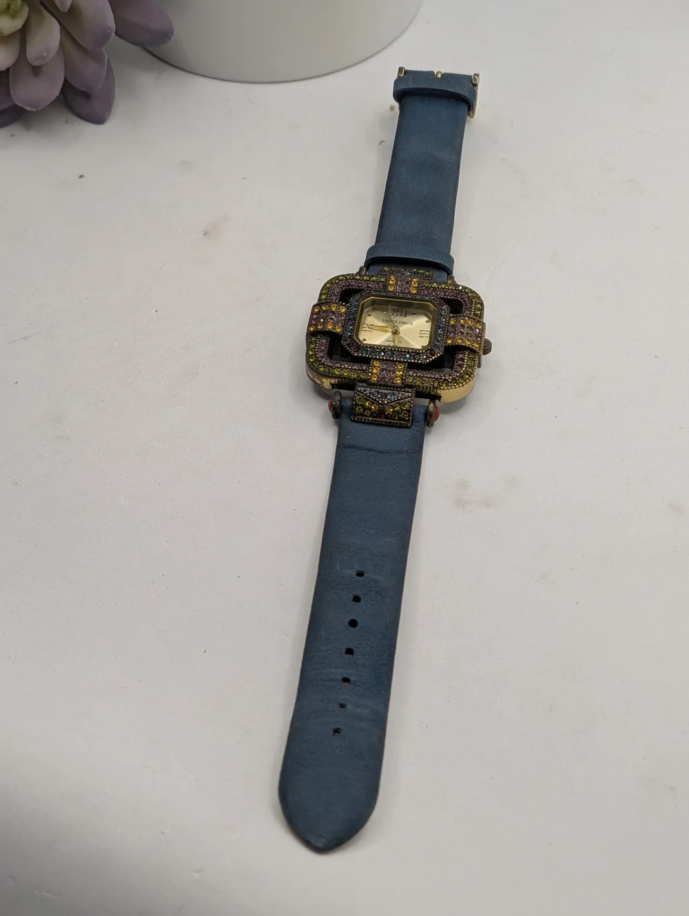Heidi Daus Art Deco B7978 Swarovski Crystal Watch - Blue Suede Leather